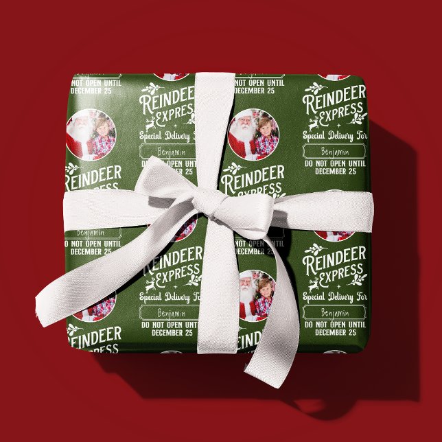 Reindeer Express from Santa Name & Photo Christmas Wrapping Paper (Creator Uploaded)