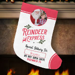 Reindeer Express from Santa Name & Photo Large Christmas Stocking<br><div class="desc">Add a special magical touch to your little one's gift from Santa Claus with a custom red,  green,  and white holiday stocking from reindeer express! This personalised Christmas design also offers the ability to add the name of your kid and a photo,  too.</div>
