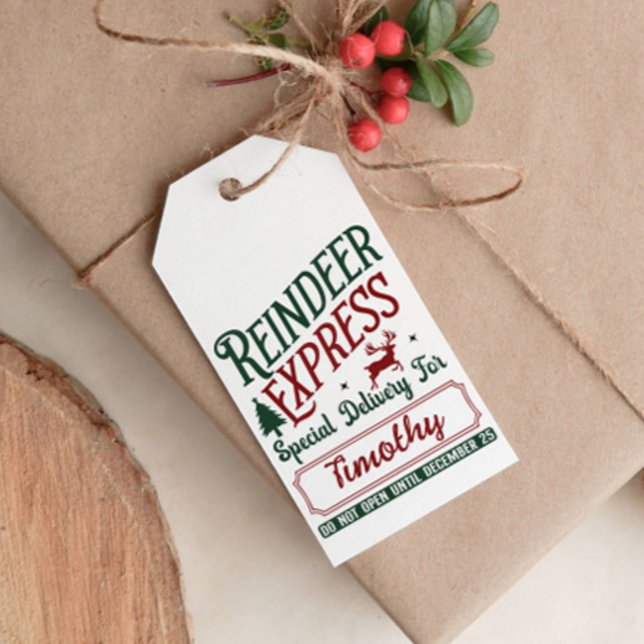 REINDEER EXPRESS SPECIAL DELIVERY  GIFT TAGS (REINDEER EXPRESS SPECIAL DELIVERY FOR KID NAME CLASSIC GREEN RED WHITE CHRISTMAS PALETTE. EDITABLE )