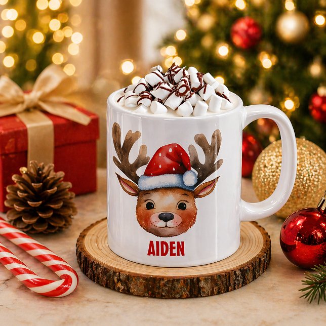 Reindeer Face Personalised Kids Mug (Cozy Christmas mug for hot chocolate)
