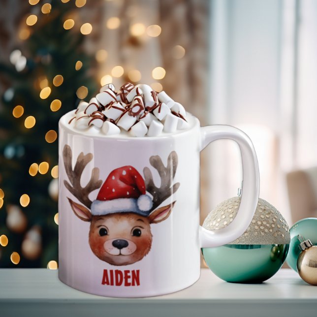 Reindeer Face Personalised Kids Mug (Cute Christmas Mug Keepsake)