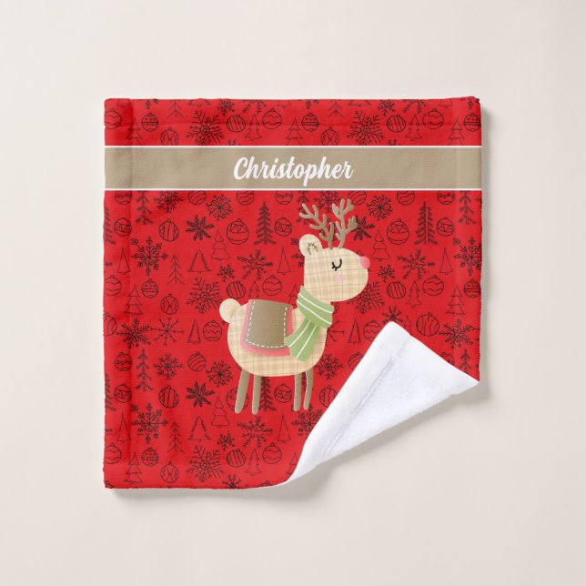 Reindeer face towel, red custom script monogram wash cloth (Wash Cloth)