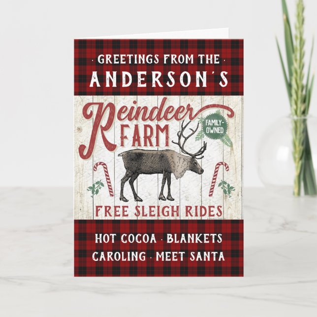 Reindeer Farm Rustic Vintage Farmhouse Custom Name Holiday Card (Front)