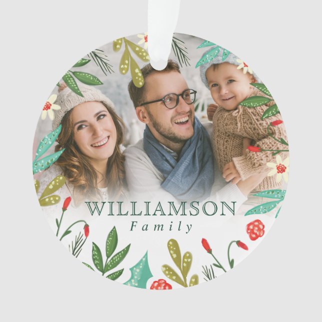 Reindeer & Festive Florals Monogram Family Photo Ornament (Front)