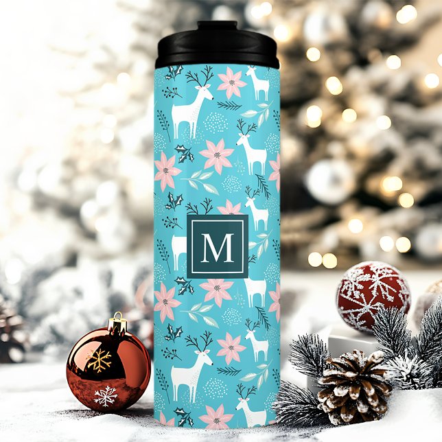 Reindeer Floral Poinsettia Christmas Monogram Thermal Tumbler (Creator Uploaded)