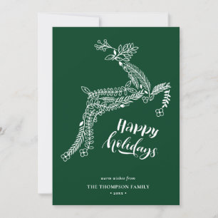 Reindeer Floral Poinsettia Pine Bough Green Happy Holiday Card