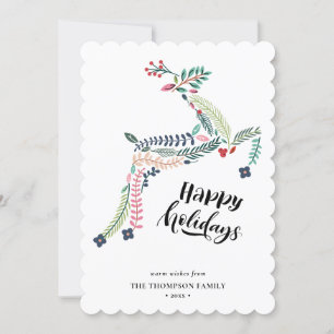 Reindeer Floral   Poinsettia Pine Bough Happy Holiday Card