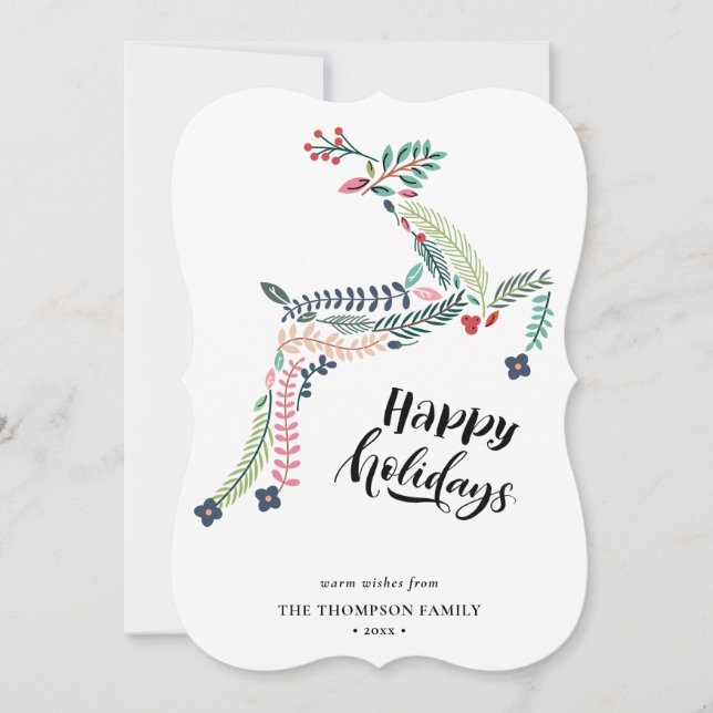 Reindeer Floral | Poinsettia Pine Bough Happy Holiday Card (Front)