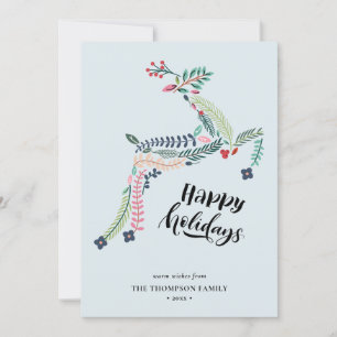 Reindeer Floral   Poinsettia Pine Bough Happy Holiday Card