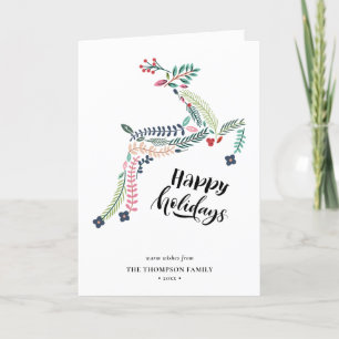 Reindeer Floral   Poinsettia Pine Bough Happy Holiday Card