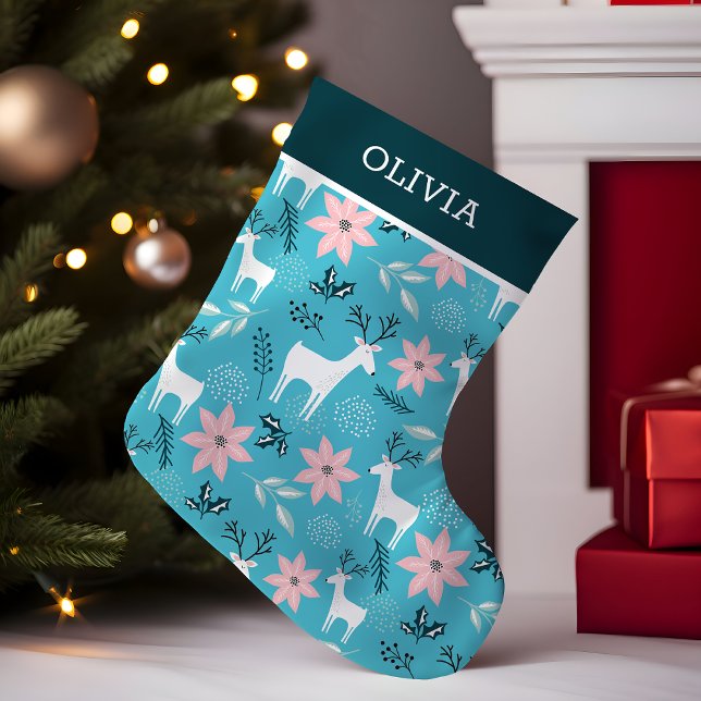 Reindeer Floral Poinsettia Whimsical Personalised Small Christmas Stocking (Creator Uploaded)