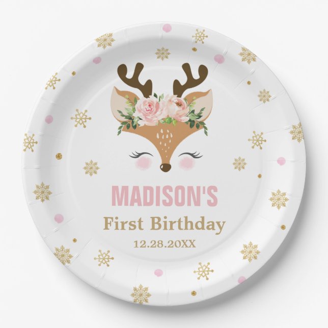 Reindeer Floral Snowflakes Christmas Birthday Paper Plate (Front)