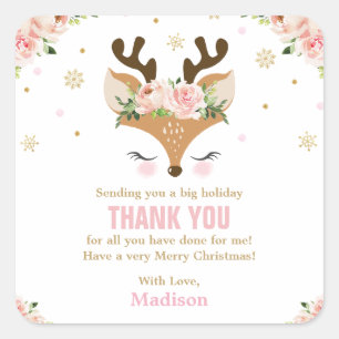Reindeer Floral Snowflakes Christmas Thank You Square Sticker