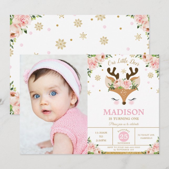 Reindeer Floral Snowflakes Winter Birthday Photo Invitation (Front/Back)