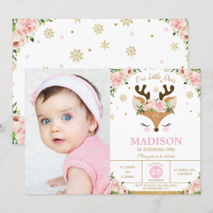 Reindeer Floral Snowflakes Winter Birthday Photo Invitation