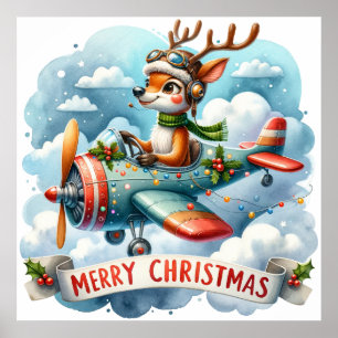 Reindeer Flying Aeroplane Poster