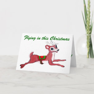 REINDEER, FLYING IN THIS CHRISTMAS card