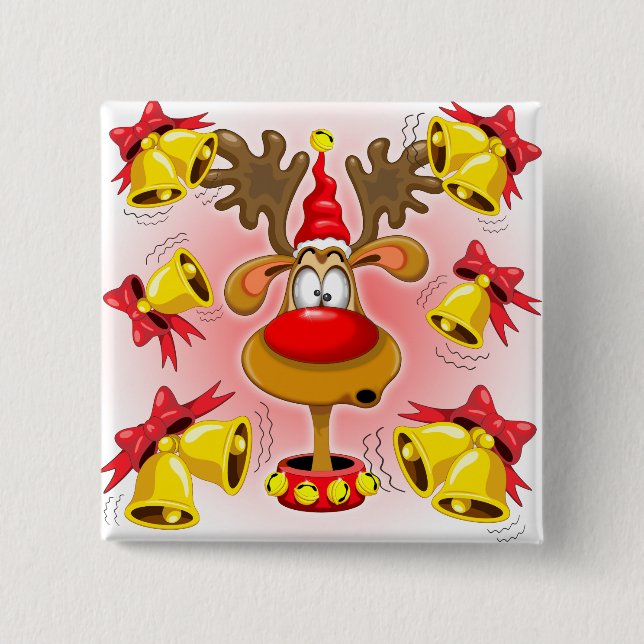 Reindeer Fun Christmas Cartoon with Bells Alarms 15 Cm Square Badge (Front)