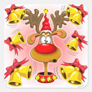 Reindeer Fun Christmas Cartoon with Bells Alarms Square Sticker