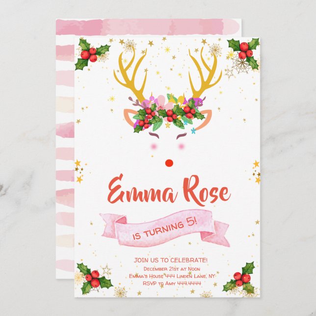 Reindeer Girl Christmas Birthday Invitation (Front/Back)