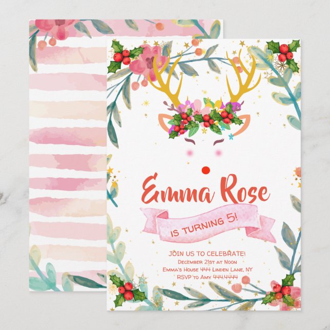 Reindeer Girl Christmas Birthday Invitation (Front/Back)