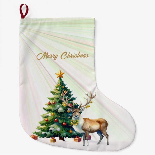 Reindeer Gold Baubles Merry Christmas Large Christmas Stocking (Front)