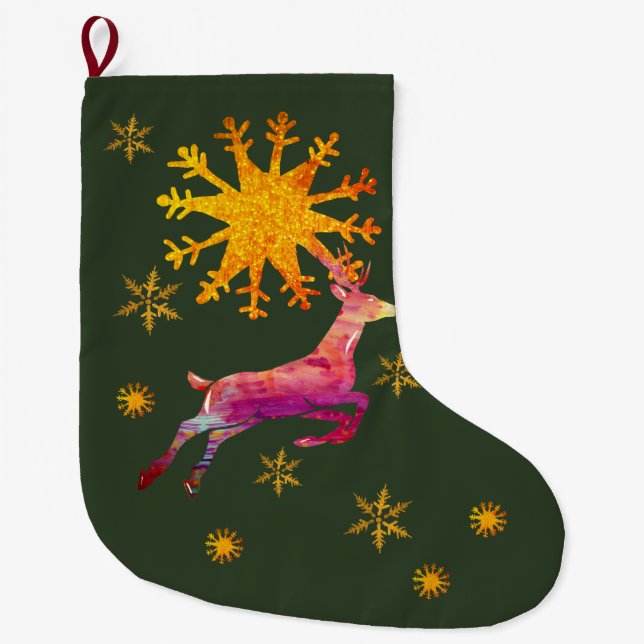 Reindeer Golden Snowflakes Large Christmas Stocking (Front)