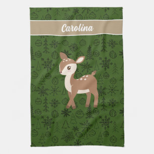 Reindeer - green pattern monogram tea towel