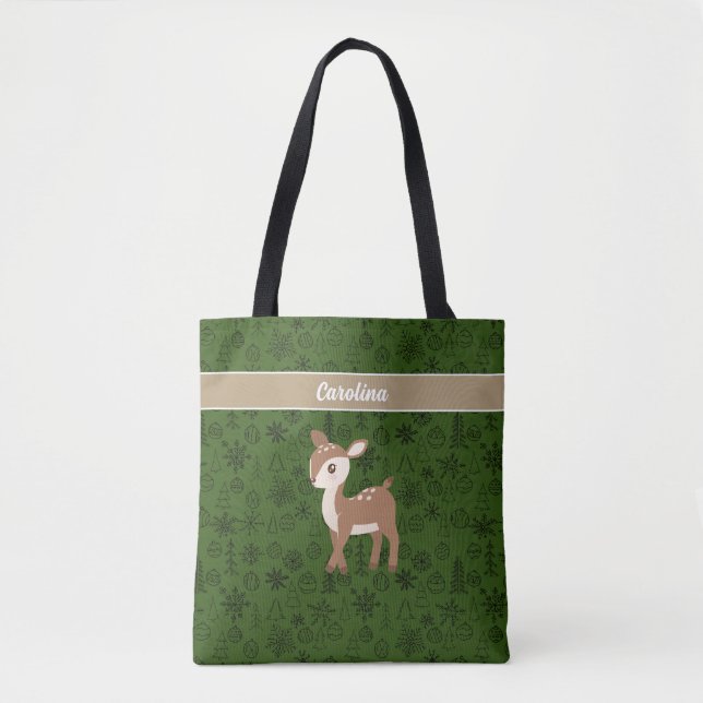 Reindeer - green pattern monogram tote bag (Front)