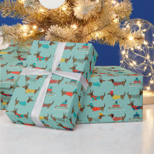 Reindeer Hat Christmas Dachshund Wearing Sweater Wrapping Paper