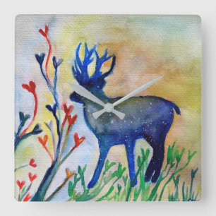 Reindeer Hearts Watercolor Square Wall Clock