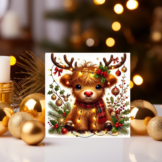Reindeer Highland Cow with Holiday Lights Card (Creator Uploaded)