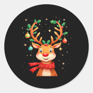 Reindeer Holly Antlers Christmas Kids Classic Round Sticker