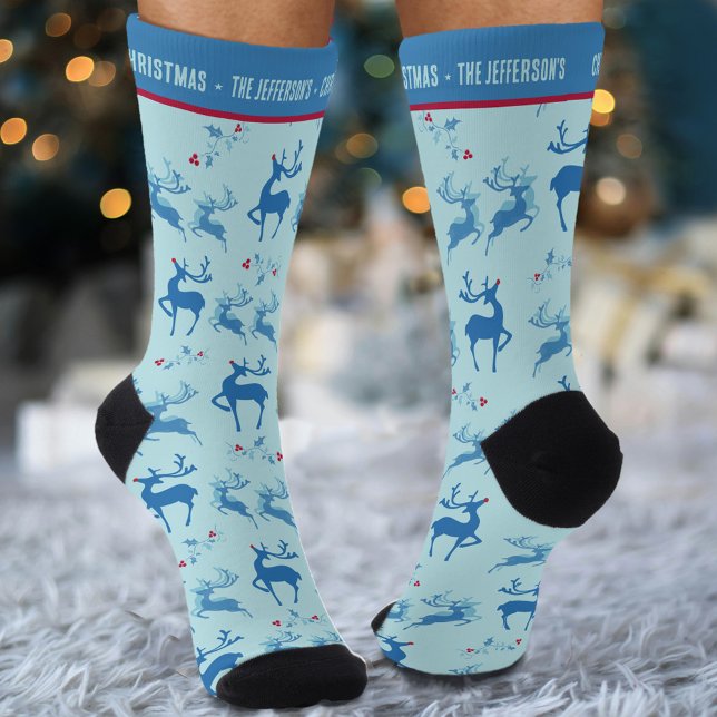 Reindeer holly blue red custom novelty christmas socks (Creator Uploaded)
