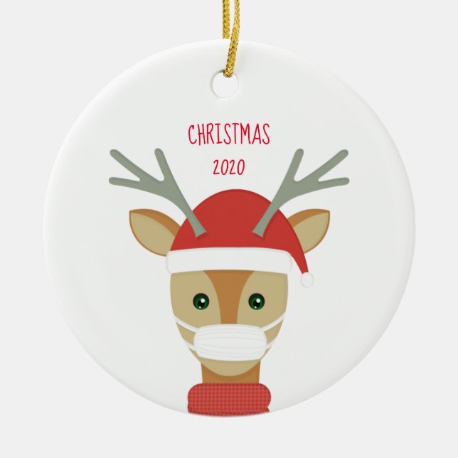 Reindeer in Face Mask Christmas 2020 Ceramic Ornament (Front)
