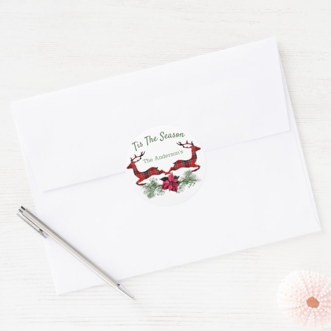 Reindeer in Plaid Classic Round Sticker (Envelope)
