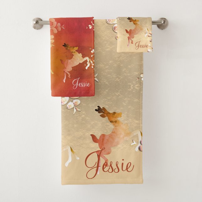 Reindeer in Rose Gold and Topaz Towel (Insitu)