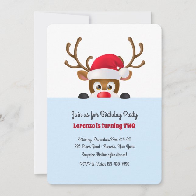 Reindeer in Santa Cap Blue Invitation (Front)