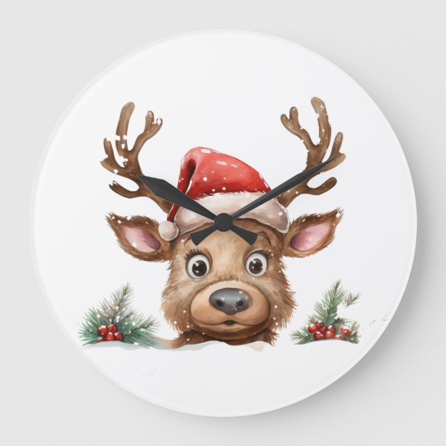Reindeer in Santa Hat Peeking at You Large Clock (Front)