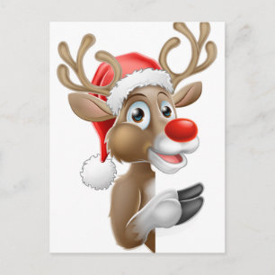 Reindeer in Santa Hat Pointing from Behind Sign Holiday Postcard