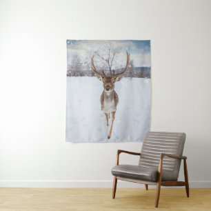 Reindeer In Snow Storm Winter Tapestry