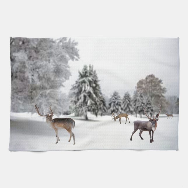 Reindeer in Snow Tea Towel (Horizontal)