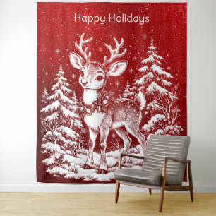 Reindeer in Snowy Forest Holiday Backdrop Tapestry