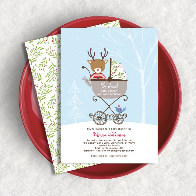 Reindeer in Stroller Winter Holiday Baby Shower Invitation (Shown on a 5" x 7" card)