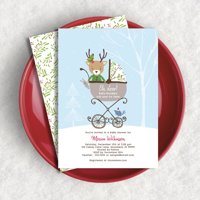 Reindeer in Stroller Winter Holiday Baby Shower Invitation (Shown on a 5" x 7" card)