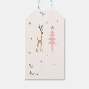 Reindeer in the forest in pink gift tags