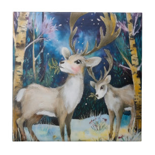 Reindeer in the forest painting ceramic tile