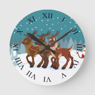 Reindeer in the Snow Round Clock