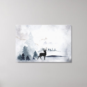 Reindeer in the Wild Grey Watercolor Christmas Canvas Print