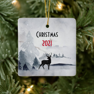 Reindeer in the Wild Grey Watercolor Christmas Ceramic Ornament